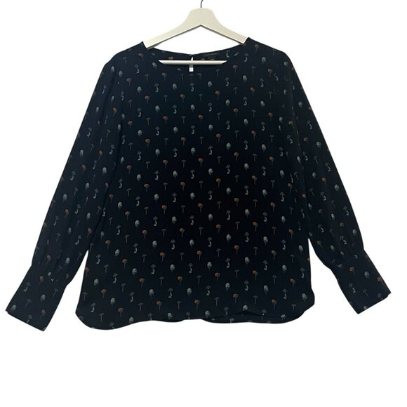 Ann Taylor Women Top Blouse Blue Small Size Trees Print  Long Sleeve Round Neck - Picture 1 of 8